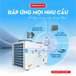 Máy bơm nhiệt heat pump Megasun MGS-10HP-4000L có thể sản xuất nước nóng 60 độ C ngay cả khi nhiệt độ không khí ngoài trời < 5 độ C