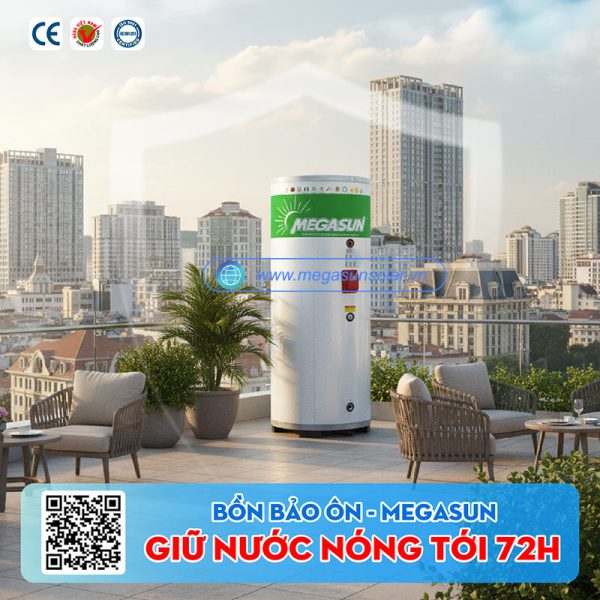 Bình nước nóng 150 lít Megasun MGS-150-OCHWT-V-G đảm bảo nước nóng luôn dự trữ sẵn sàng.
