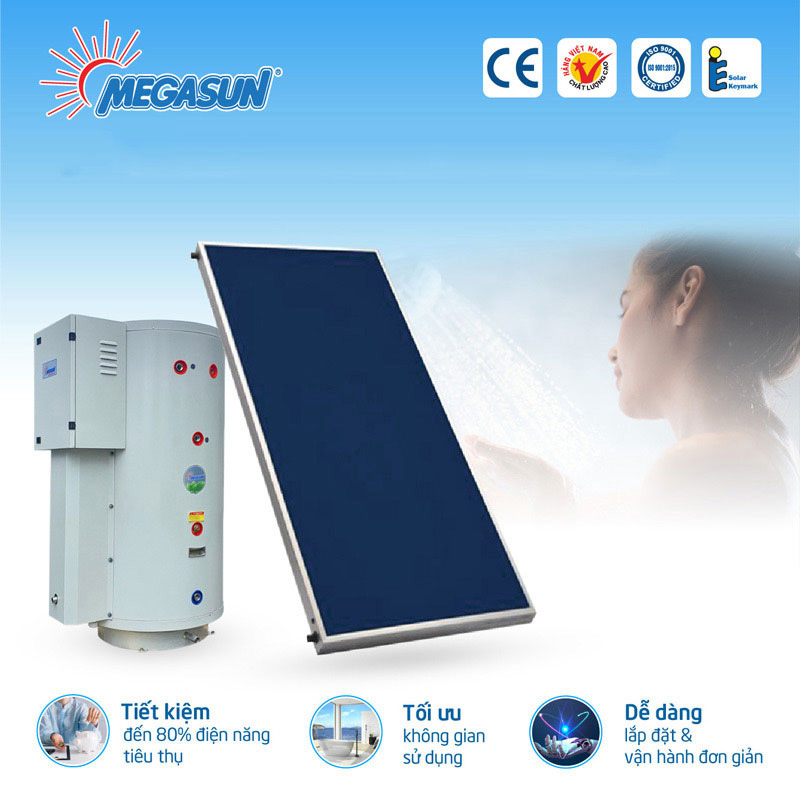 Máy nước nóng NLMT tấm phẳng Megasun - Tiết kiệm tới 80% điện năng tiêu thụ