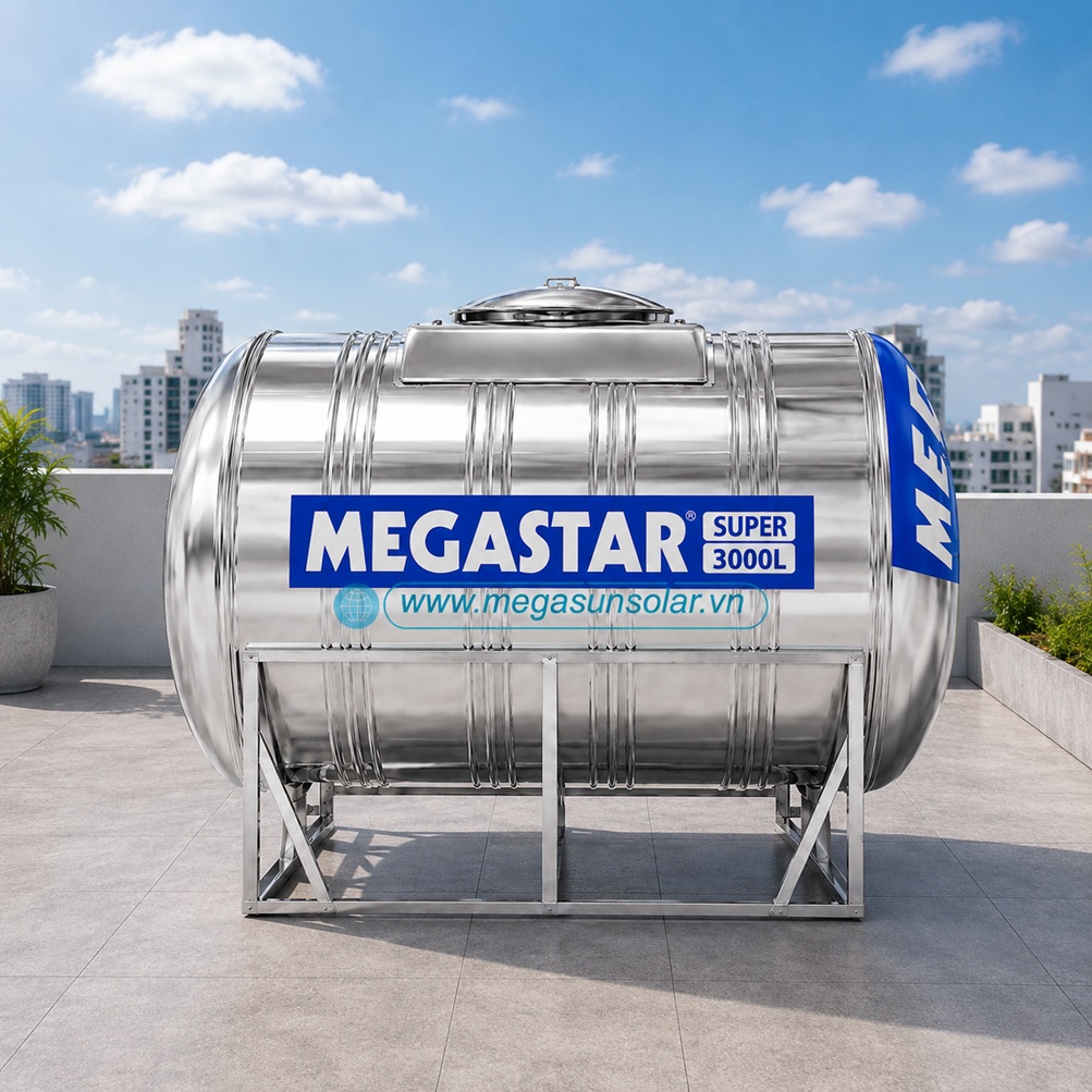 Bồn tròn inox Megastar Super 3000L bồn ngang