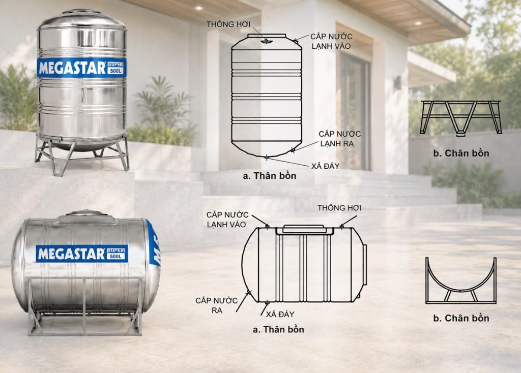 Cấu tạo bồn tròn lạnh inox Megastar Super dung tích 500L