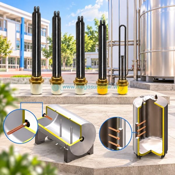 Bình nước nóng công nghiệp Megasun làm việc theo nguyên lý gia nhiệt bằng điện trở